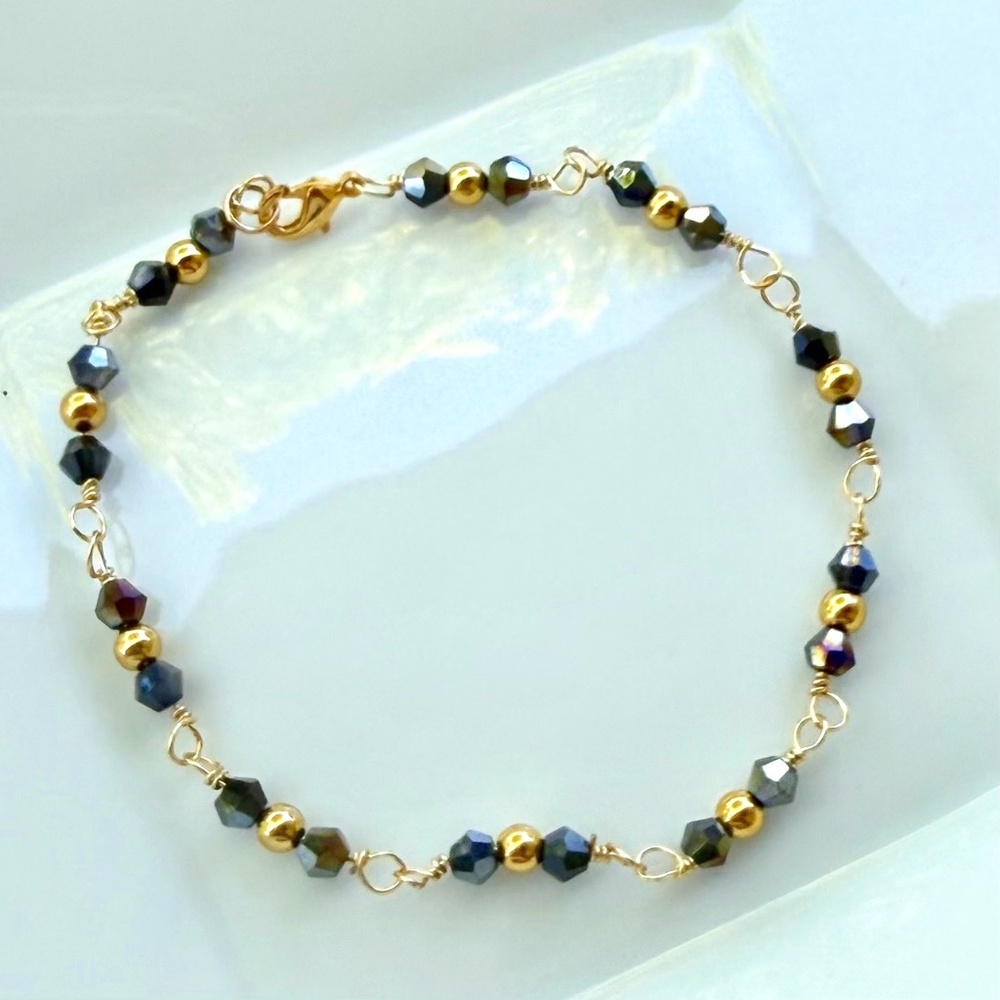 Hand Crafted Black Bicone Crystals & Gold Tone Beads Wire Wrapped Chain Bracelet